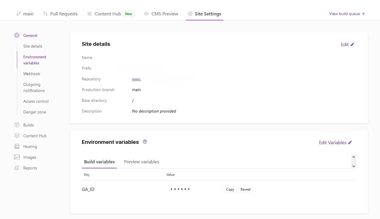 Site Settings Env